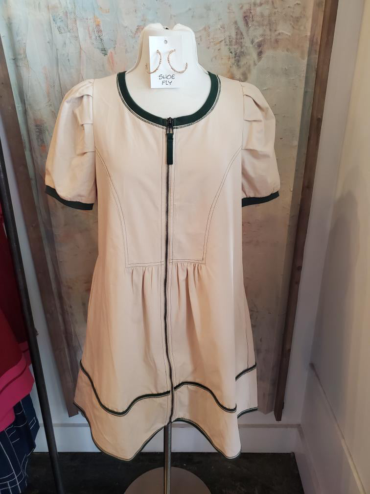 Taupe Olive Trim Zip Front Dress with Pockets