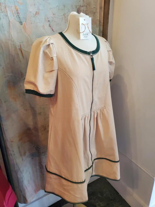 Taupe Olive Trim Zip Front Dress with Pockets