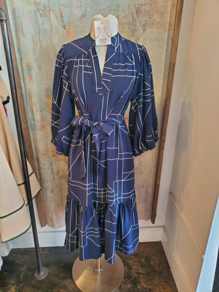 Stand Collar V Neck Long Puff Midi Dress with Tie