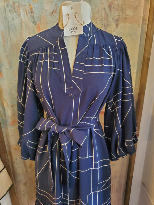 Stand Collar V Neck Long Puff Midi Dress with Tie
