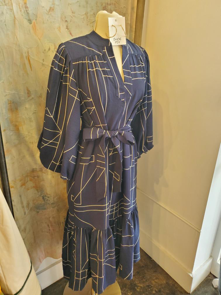 Stand Collar V Neck Long Puff Midi Dress with Tie