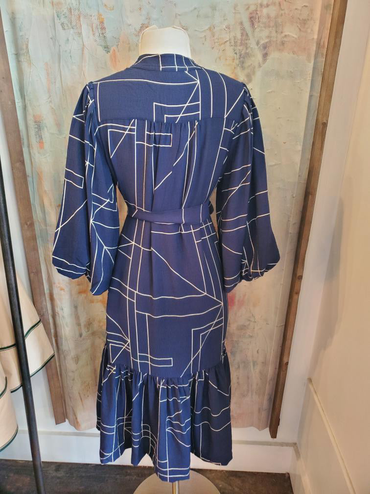 Stand Collar V Neck Long Puff Midi Dress with Tie