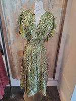 Flutter Sleeve Green Print tiered Dress
