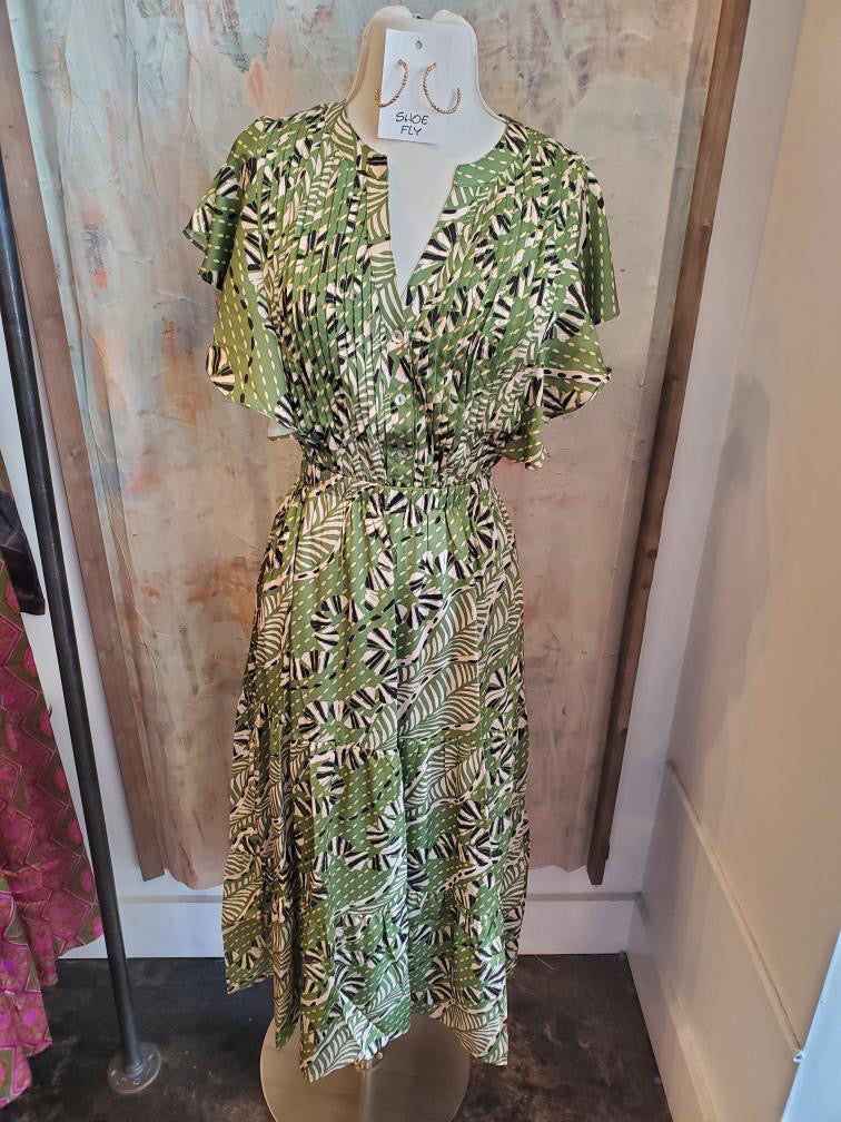 Flutter Sleeve Green Print tiered Dress