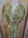 Flutter Sleeve Green Print tiered Dress