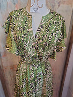Flutter Sleeve Green Print tiered Dress