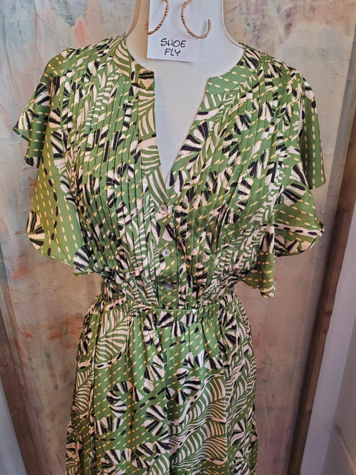 Flutter Sleeve Green Print tiered Dress
