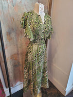 Flutter Sleeve Green Print tiered Dress