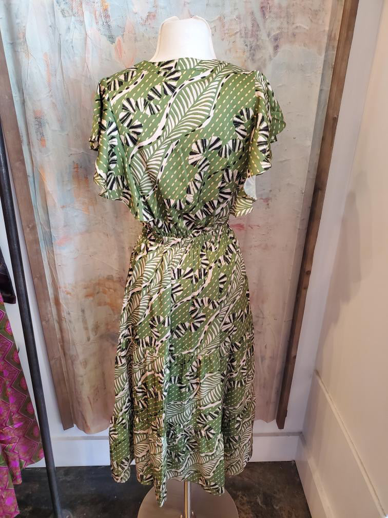 Flutter Sleeve Green Print tiered Dress