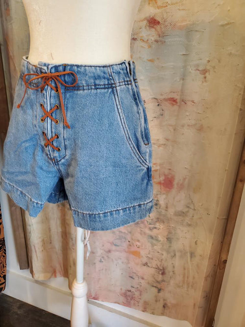 Suede Lace Up Front Denim Shorts