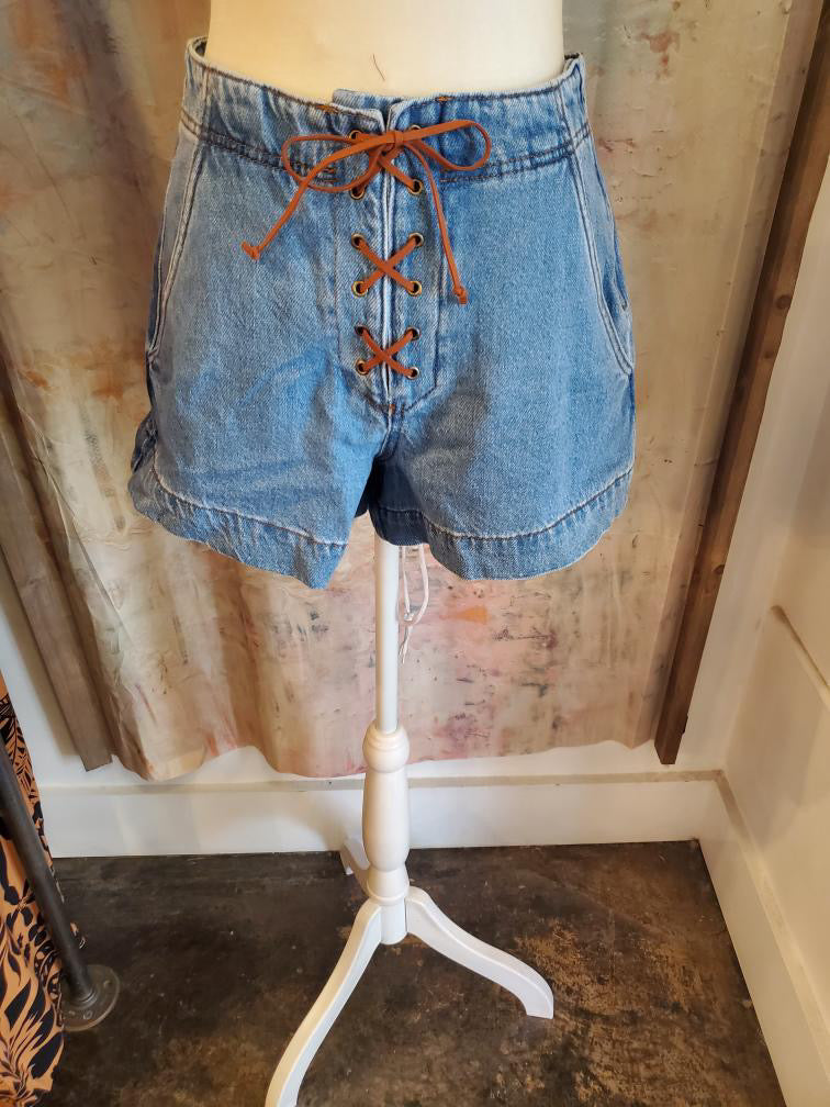 Suede Lace Up Front Denim Shorts