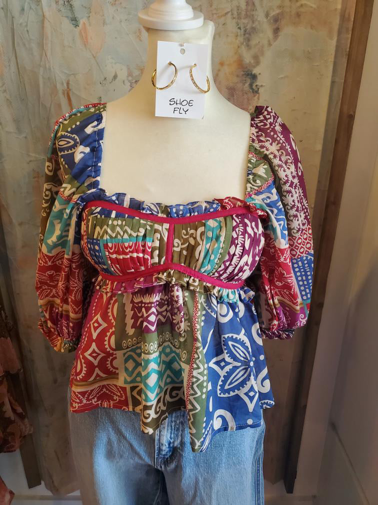 Border Print Short Sleeve Top