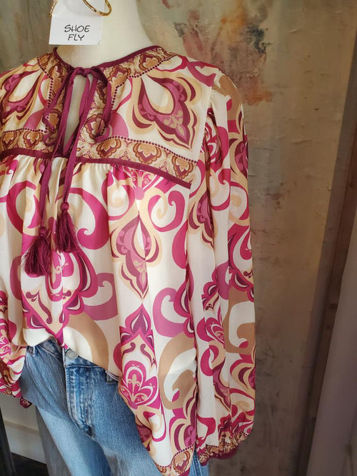 Print Long Sleeve Tie Front Top