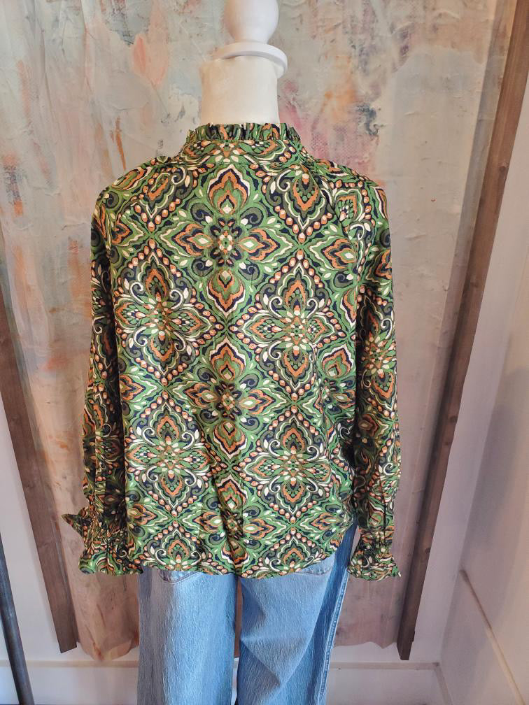 Olive Print Button Front Top