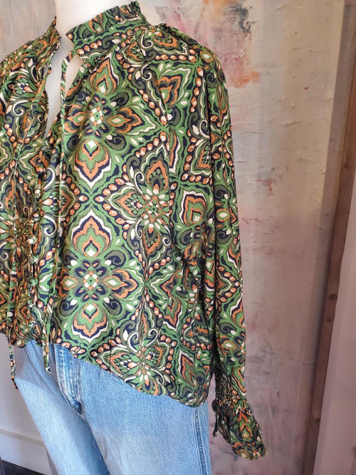 Olive Print Button Front Top