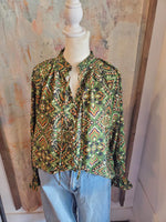 Olive Print Button Front Top