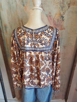 Navy Print Round Neck Top