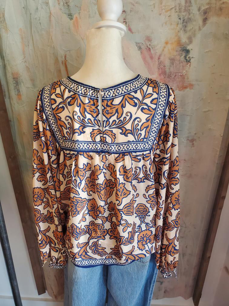 Navy Print Round Neck Top