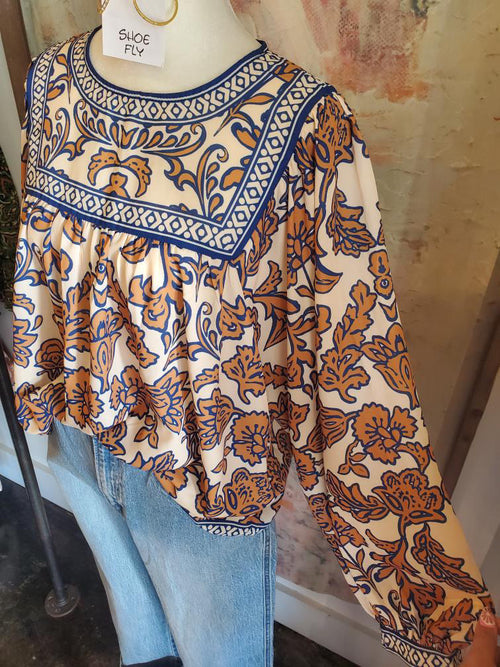 Navy Print Round Neck Top