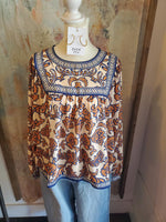 Navy Print Round Neck Top