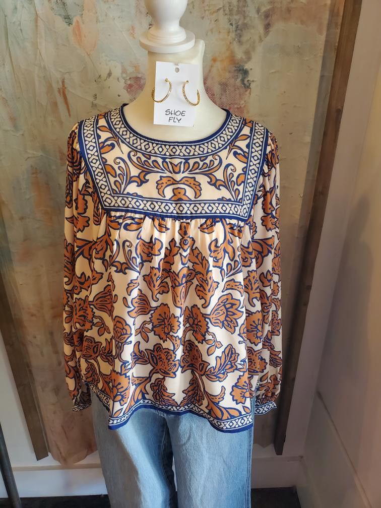 Navy Print Round Neck Top