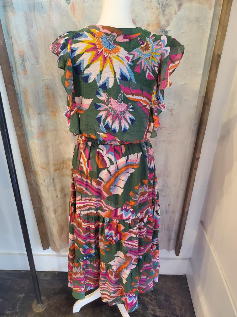 Flutter Sleeve Print Tiered Midi Dress
