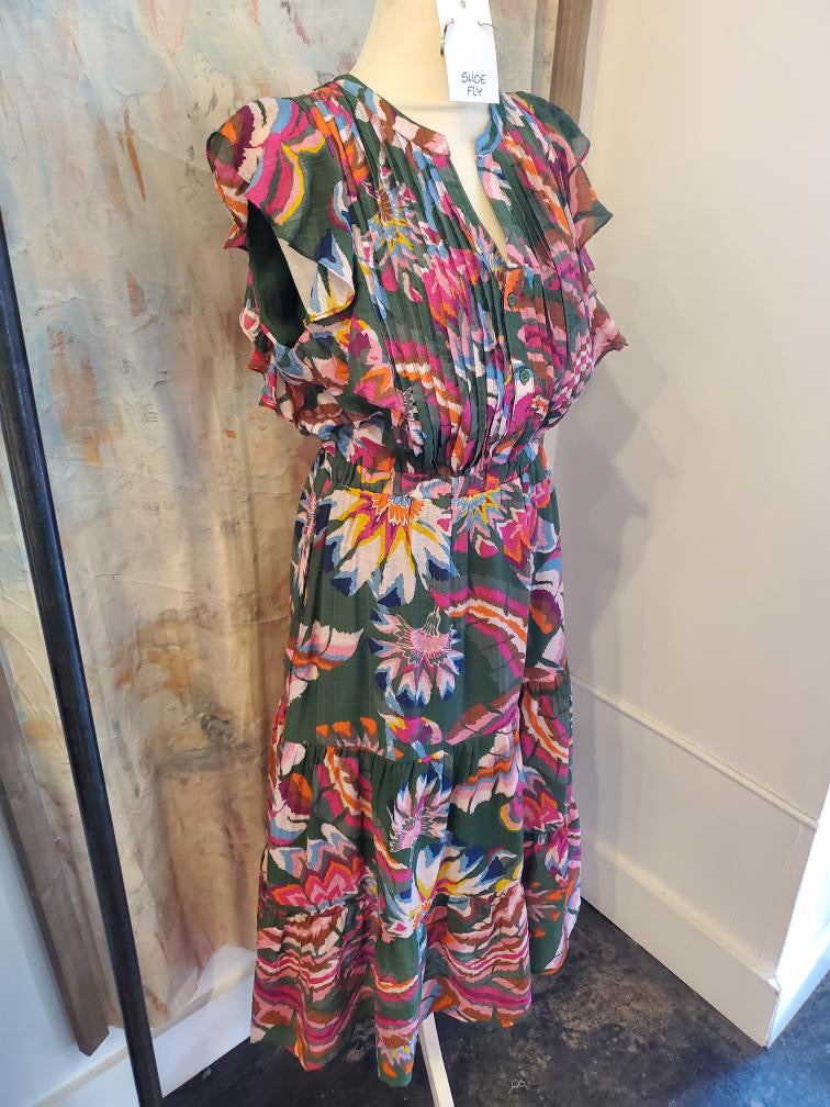 Flutter Sleeve Print Tiered Midi Dress
