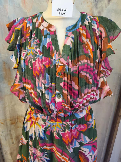 Flutter Sleeve Print Tiered Midi Dress