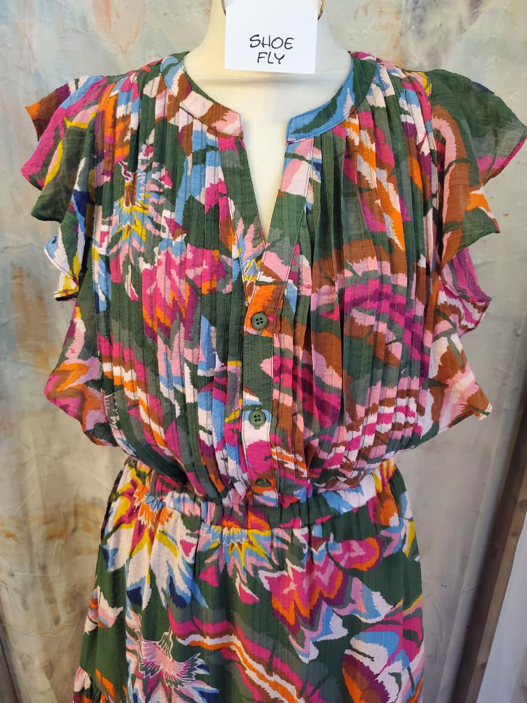 Flutter Sleeve Print Tiered Midi Dress