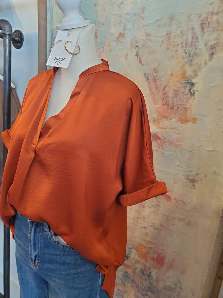Cuff Short Sleeve  V Neck Top