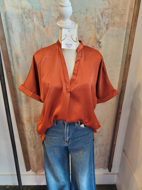 Cuff Short Sleeve  V Neck Top