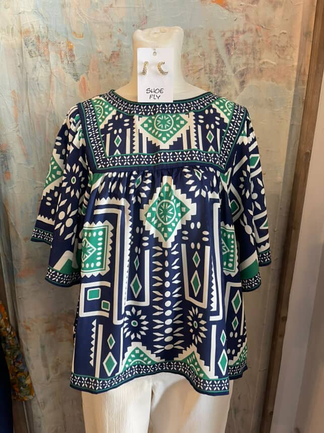 Print Woven Navy Green Combo Top