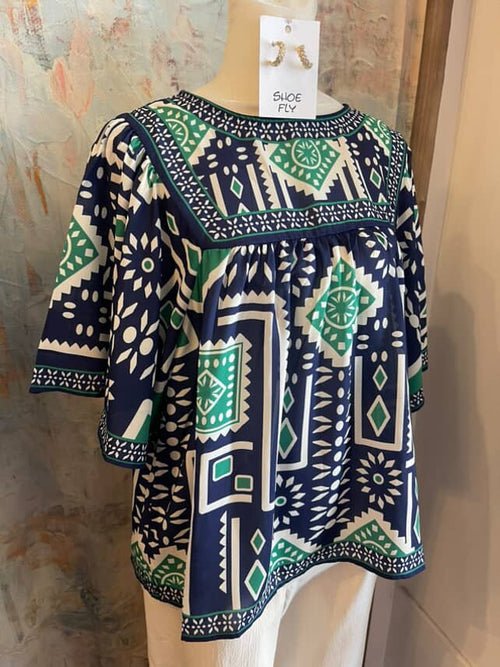 Print Woven Navy Green Combo Top