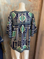 Print Woven Navy Green Combo Top