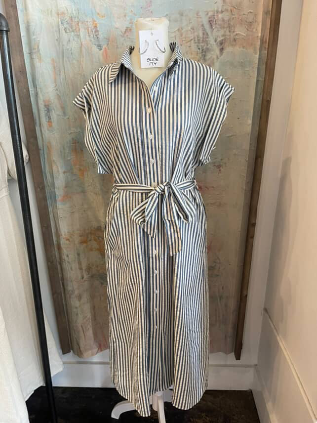 Button Up Tie Waist Midi Dress with Pockets