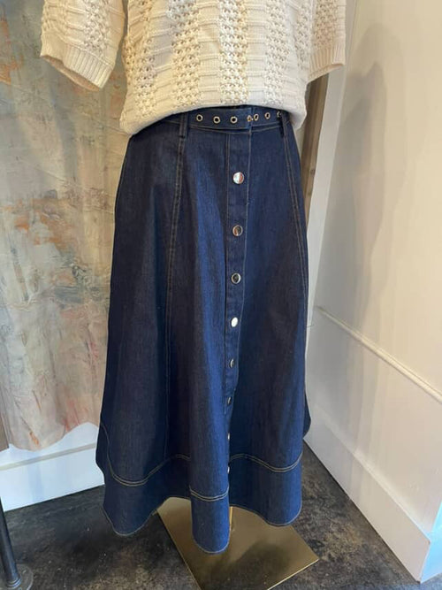 Dark Denim Skirt with Belt and Pockets
