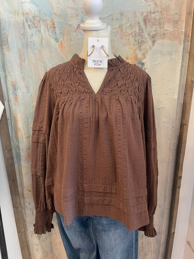 Long Sleeve Brown V Neck Top