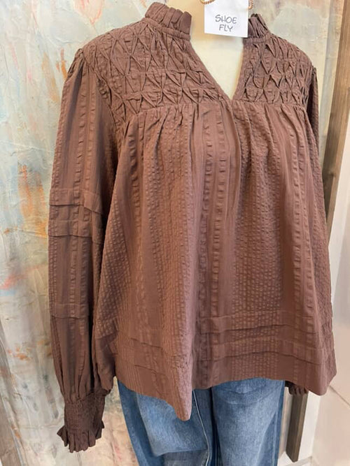 Long Sleeve Brown V Neck Top
