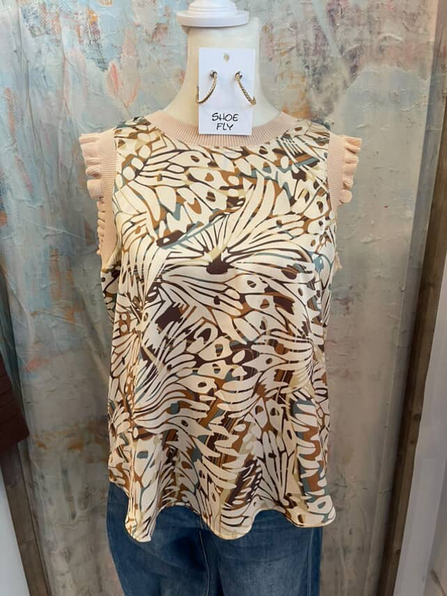 Butterfly Print Satin Sleeveless Top