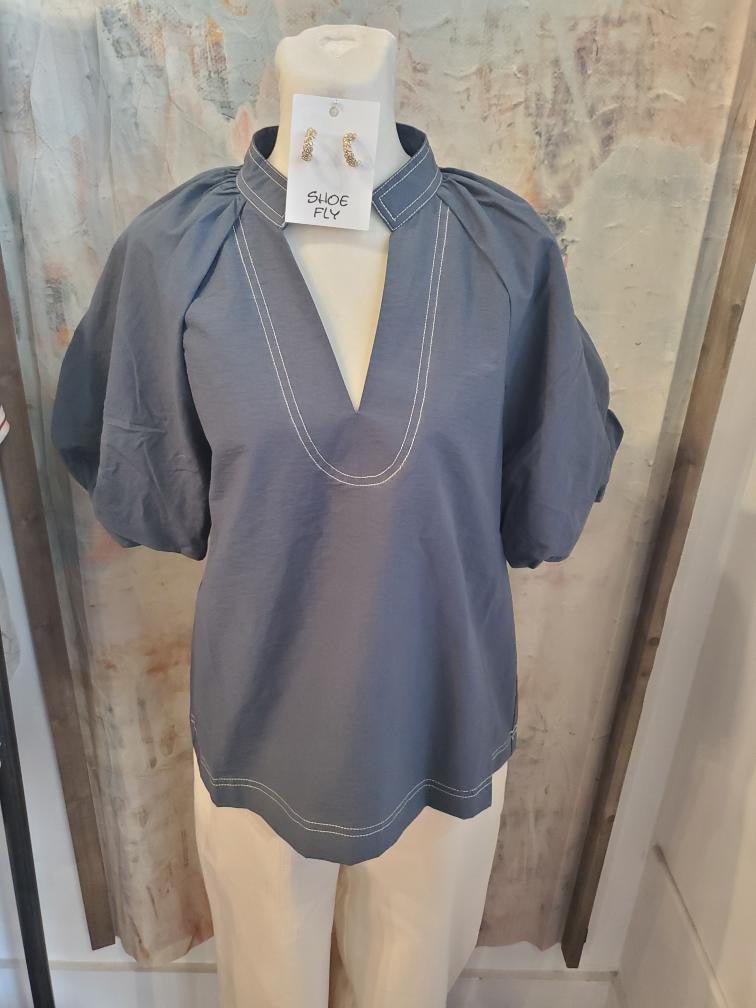Puff Sleeve V Neck Dark Teal Top