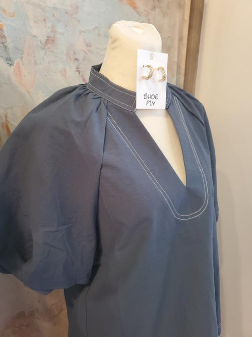 Puff Sleeve V Neck Dark Teal Top