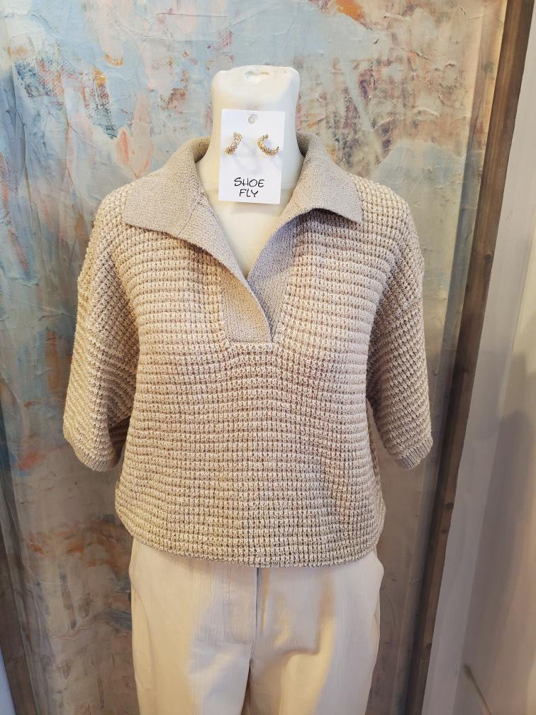 Taupe White Collar Knit Top
