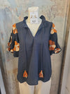 Puff Sleeve Navy Rust Tassel Top