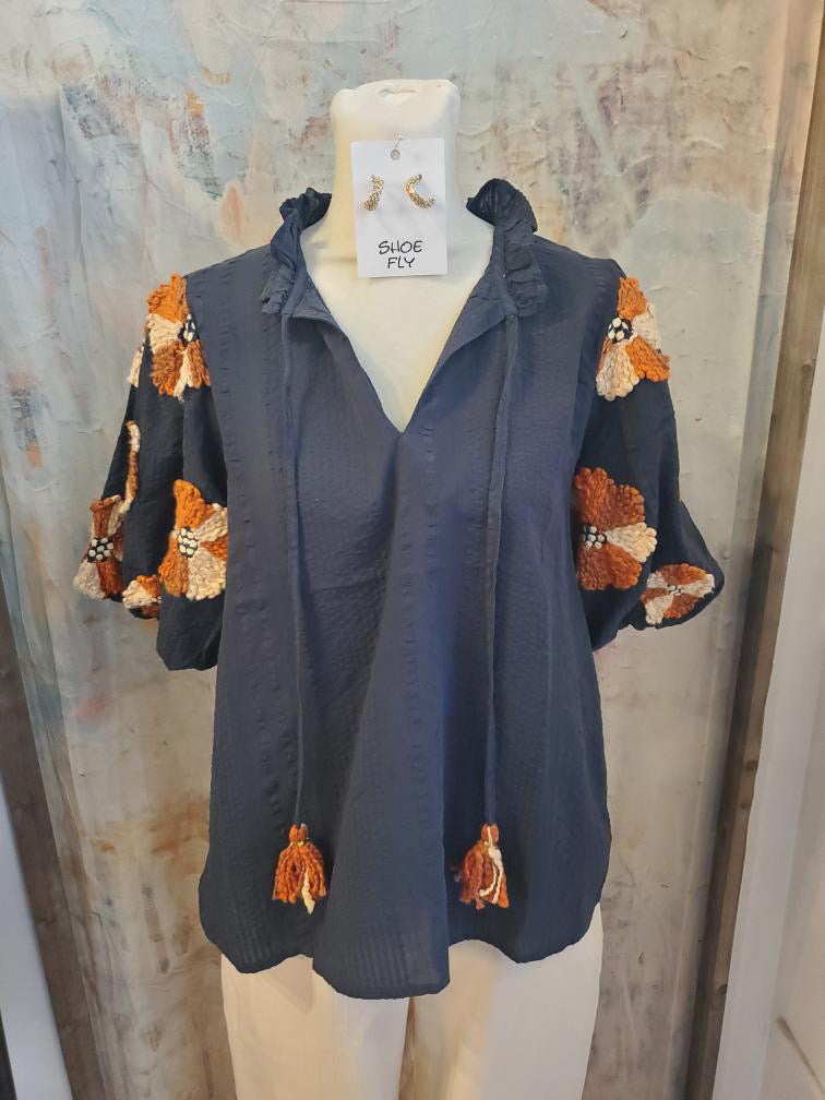 Puff Sleeve Navy Rust Tassel Top