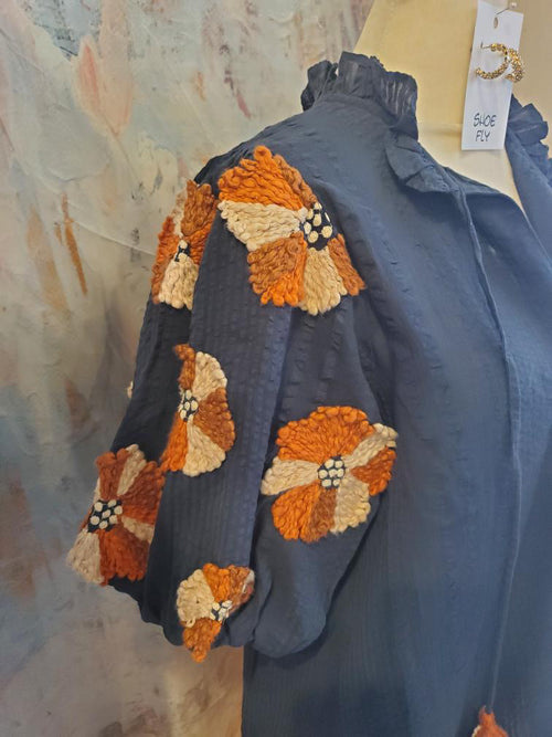 Puff Sleeve Navy Rust Tassel Top