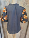 Puff Sleeve Navy Rust Tassel Top