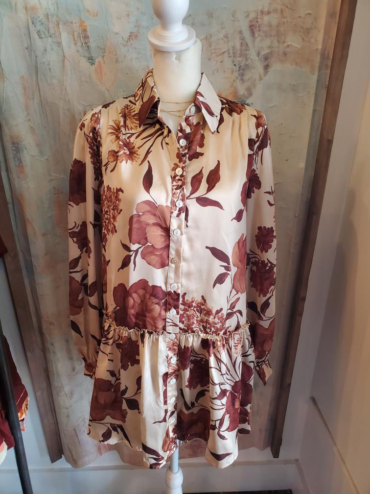 Brown Floral Print Babydoll Dress