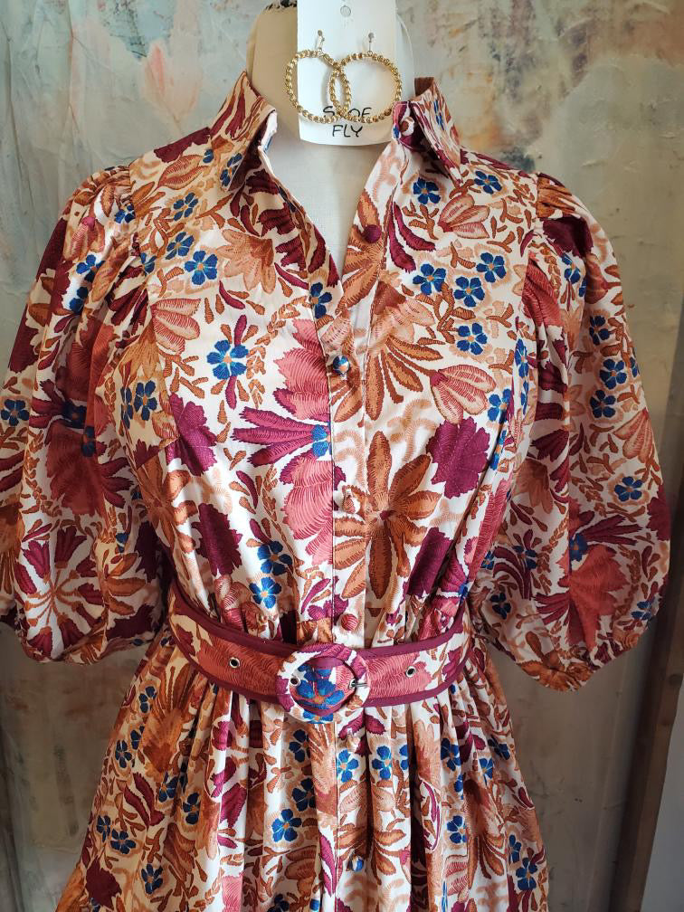Autumn Floral Detail Dress with Pockets and Belt