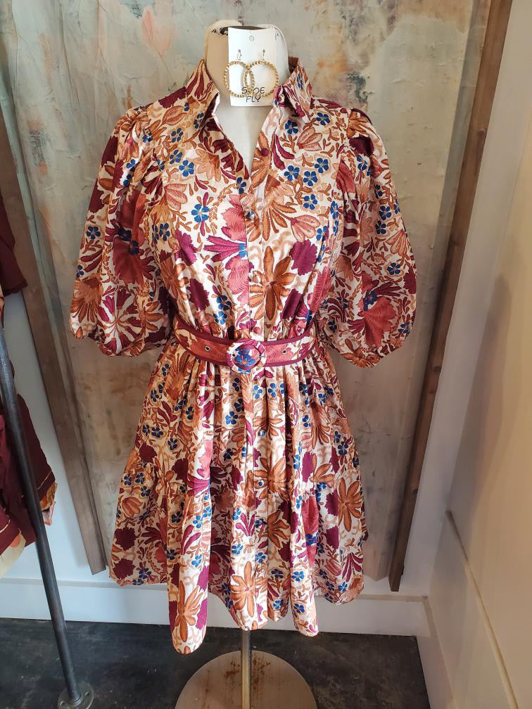 Autumn Floral Detail Dress with Pockets and Belt