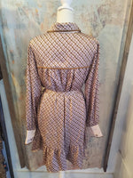 Geo Print Satin Tie Waist Button Down Shirt Dress